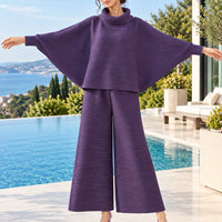 Pleated High Collar Lantern Sleeve Tops Wide Leg Pants Women Spring Causal Two Piece Sets Natalia Home Fashion    Natalia Home Fashion