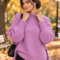 Solid Color Simple Semi-high Collar Long-sleeved Split Pullover Sweater Women's Loose Casual Knitted Sweater Natalia Home Fashion    Natalia Home Fashion