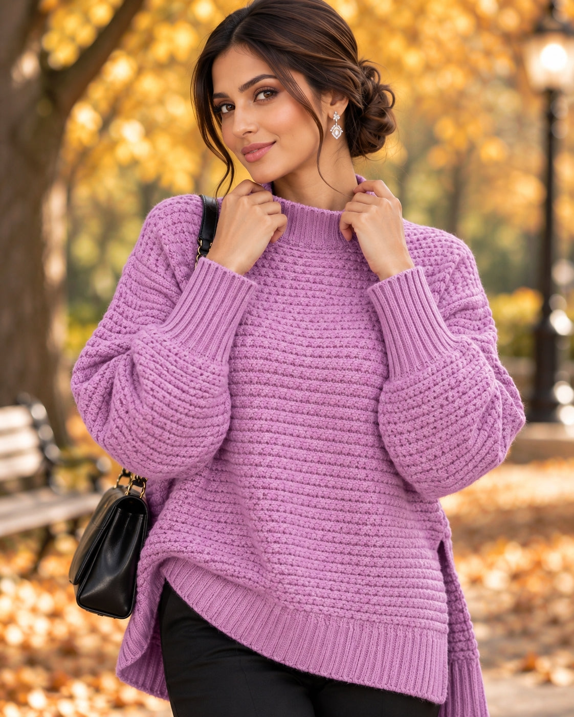 Solid Color Simple Semi-high Collar Long-sleeved Split Pullover Sweater Women's Loose Casual Knitted Sweater Natalia Home Fashion    Natalia Home Fashion