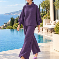 Pleated High Collar Lantern Sleeve Tops Wide Leg Pants Women Spring Causal Two Piece Sets Natalia Home Fashion    Natalia Home Fashion