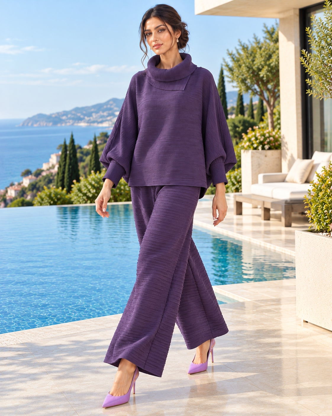 Pleated High Collar Lantern Sleeve Tops Wide Leg Pants Women Spring Causal Two Piece Sets Natalia Home Fashion    Natalia Home Fashion