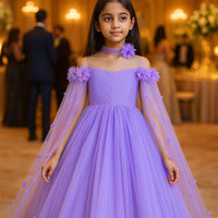 Girls' Off Shoulder Long Cape Dress, Solid Color Mesh Wedding Flower Girl Birthday Party Princess Dress for Young Girl