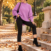Solid Color Simple Semi-high Collar Long-sleeved Split Pullover Sweater Women's Loose Casual Knitted Sweater Natalia Home Fashion    Natalia Home Fashion