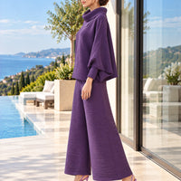 Pleated High Collar Lantern Sleeve Tops Wide Leg Pants Women Spring Causal Two Piece Sets Natalia Home Fashion    Natalia Home Fashion