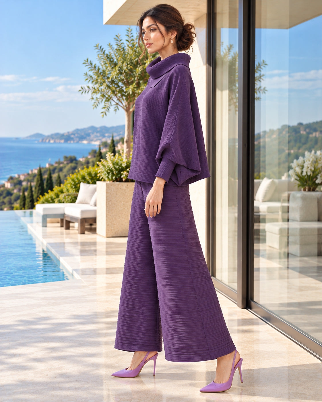 Pleated High Collar Lantern Sleeve Tops Wide Leg Pants Women Spring Causal Two Piece Sets Natalia Home Fashion    Natalia Home Fashion