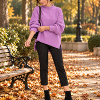 Solid Color Simple Semi-high Collar Long-sleeved Split Pullover Sweater Women's Loose Casual Knitted Sweater Natalia Home Fashion    Natalia Home Fashion