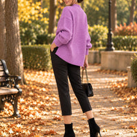 Solid Color Simple Semi-high Collar Long-sleeved Split Pullover Sweater Women's Loose Casual Knitted Sweater Natalia Home Fashion    Natalia Home Fashion