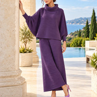 Pleated High Collar Lantern Sleeve Tops Wide Leg Pants Women Spring Causal Two Piece Sets Natalia Home Fashion    Natalia Home Fashion