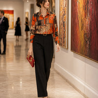 Slim Floral Long-sleeved Shirt Loose Printed Top for Women
