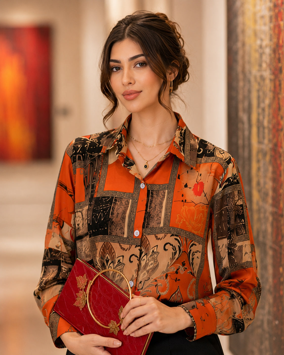 Slim Floral Long-sleeved Shirt Loose Printed Top for Women