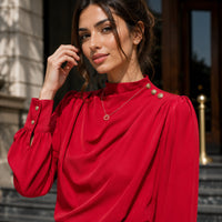 Stylish Long Sleeve Women Satin Blouses Elegant Loose O-neck Buttons Ladies Pullovers Shirts Tops Natalia Home Fashion    Natalia Home Fashion
