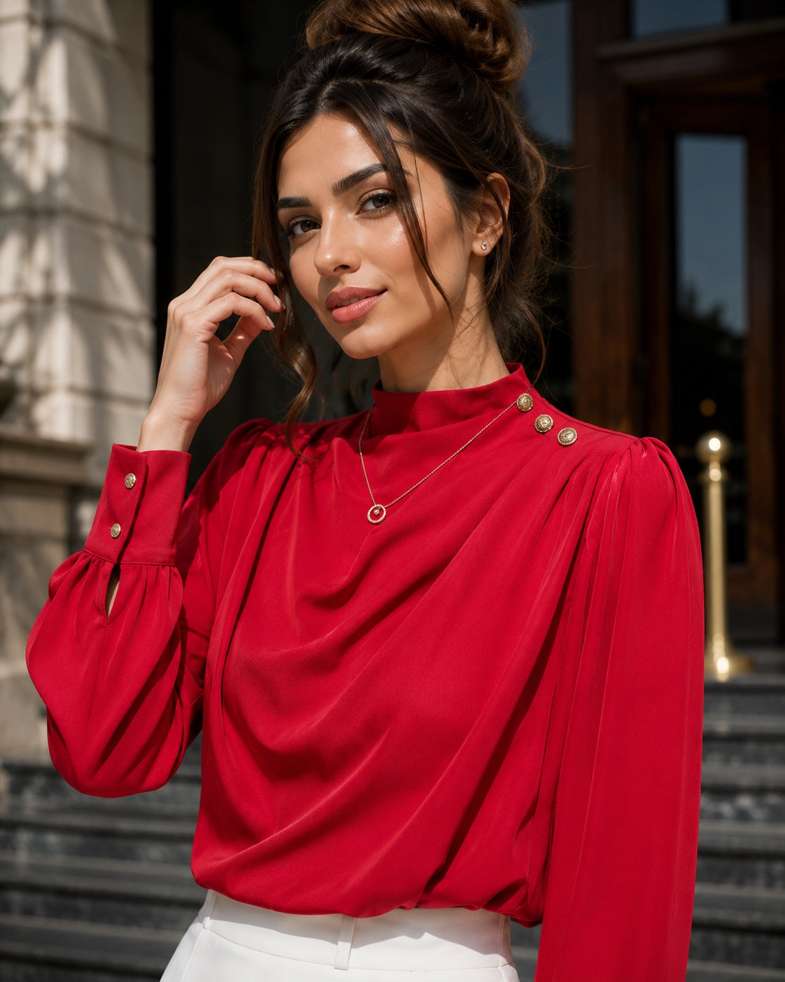 Stylish Long Sleeve Women Satin Blouses Elegant Loose O-neck Buttons Ladies Pullovers Shirts Tops Natalia Home Fashion    Natalia Home Fashion