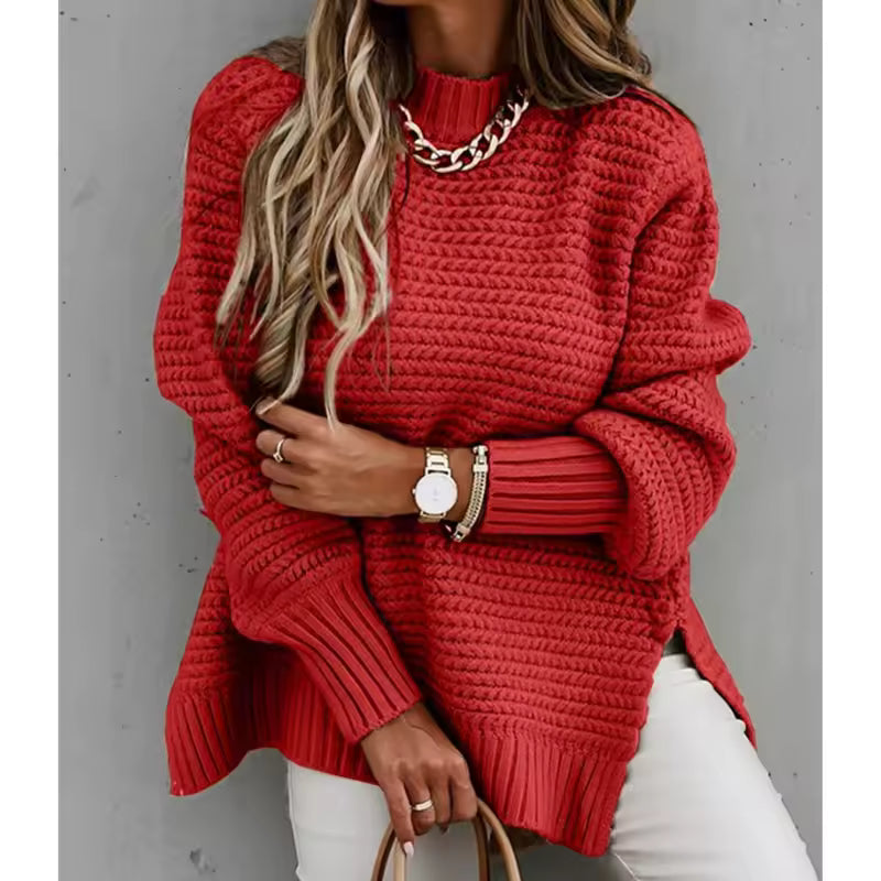 Solid Color Simple Semi-high Collar Long-sleeved Split Pullover Sweater Women's Loose Casual Knitted Sweater Natalia Home Fashion    Natalia Home Fashion