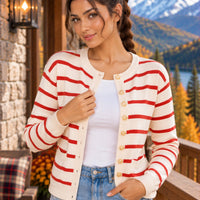 Chic Striped O Neck Sweaters Women Autumn Winter Korean Fashion Long Sleeve Knitwear Coats Single Breasted Knitted Cardigans Natalia Home Fashion    Natalia Home Fashion