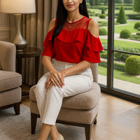 Loose Women's Chiffon Shirt round Neck Pure Color Mesh Five Sleeve Transparent Top Fashionable Small Shirt