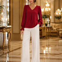 Fashion Simple Solid Color Pullover Shirt Women Loose V-neck Flared Sleeve Shirts Top Female Elegant Commuting Clothing