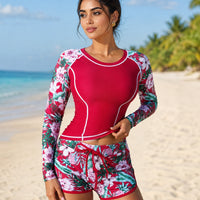 Tankini Women Swimsuit Tropical Print Bikini Set Long Sleeve Swimwear Summer Shorts Beachwear Female Bathing Suit