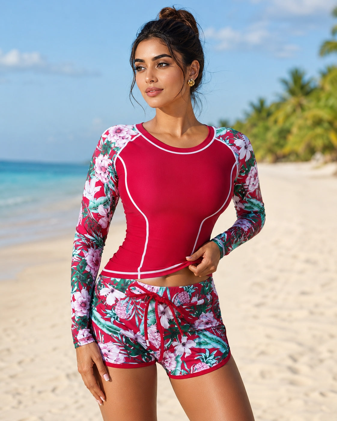 Tankini Women Swimsuit Tropical Print Bikini Set Long Sleeve Swimwear Summer Shorts Beachwear Female Bathing Suit