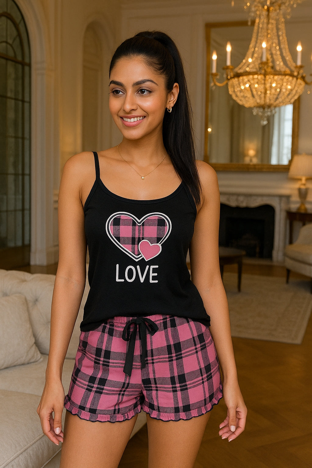 Women Sexy Suspender Shorts Thin Pajamas Letter Print Plaid Shorts Large Pajamas Romantic Home Wear Sexy Nightwear Short Pajama