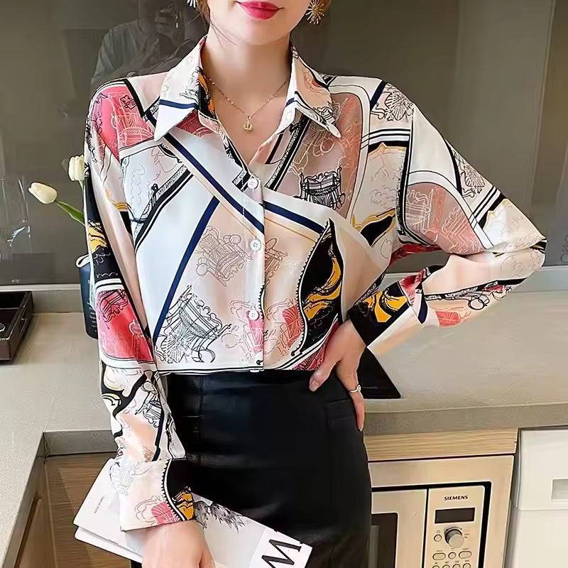 Chiffon Allover Printed Women's Blouses High Quality Long Sleeve Single Breasted Spring Summer Casual Lady Blouses