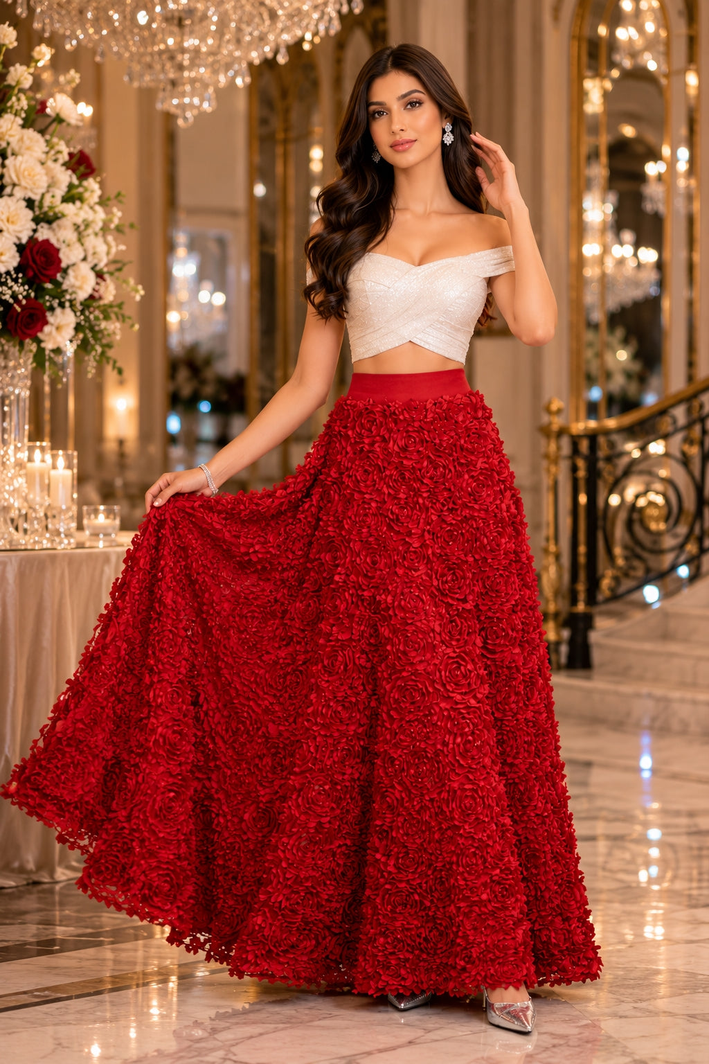 Light Luxury Evening Skirt  Women's Slim Fit Loose Warm Embroidered Petal Side Split Design Casual Skirt