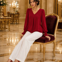 Fashion Simple Solid Color Pullover Shirt Women Loose V-neck Flared Sleeve Shirts Top Female Elegant Commuting Clothing