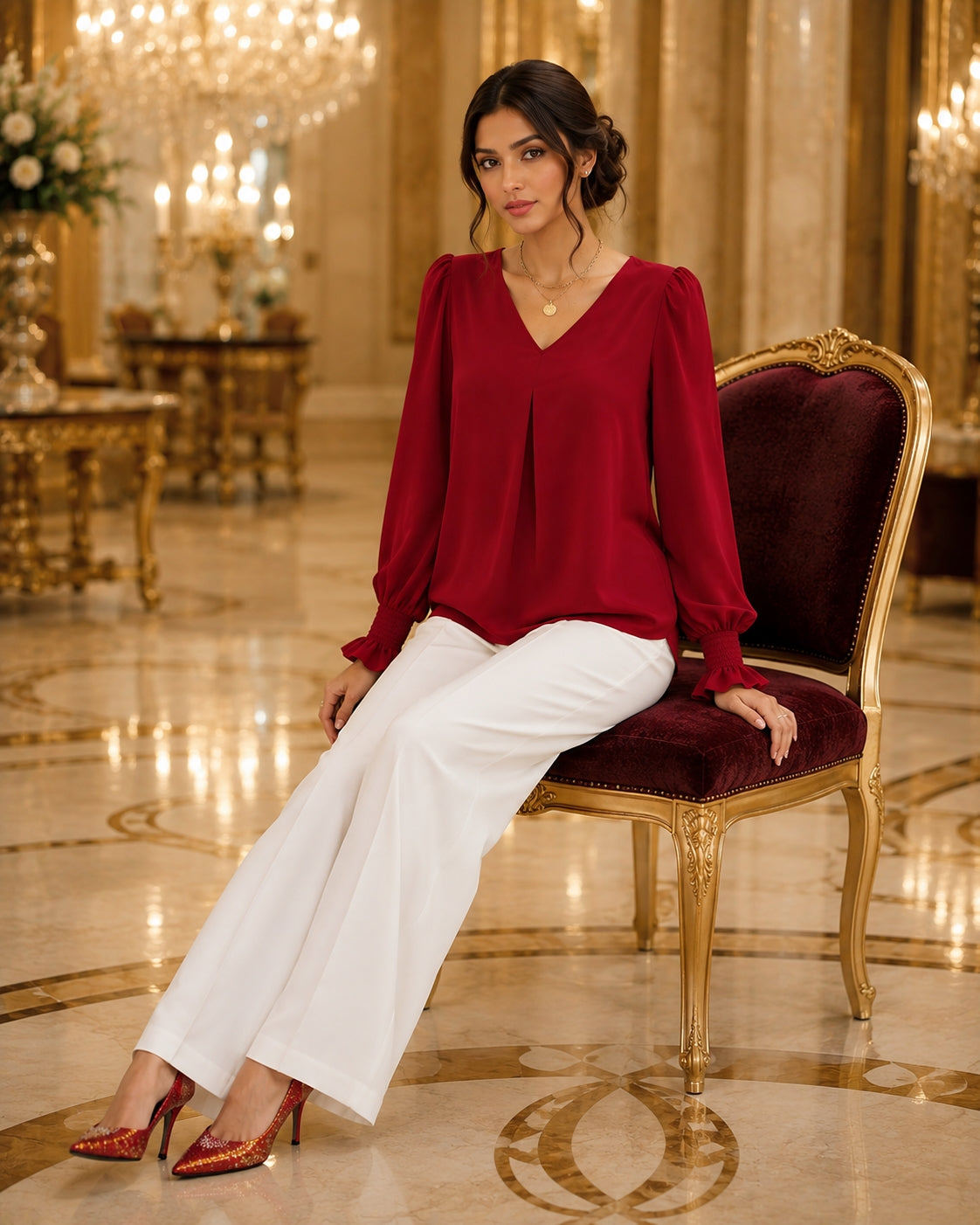 Fashion Simple Solid Color Pullover Shirt Women Loose V-neck Flared Sleeve Shirts Top Female Elegant Commuting Clothing