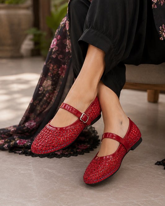 French-style rhinestone mesh Mary Jane shoes, breathable shallow single shoes, fairy-style soft-soled flat shoes