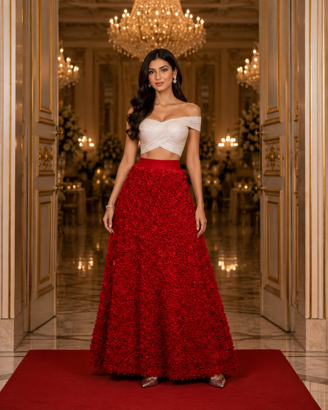 Light Luxury Evening Skirt  Women's Slim Fit Loose Warm Embroidered Petal Side Split Design Casual Skirt