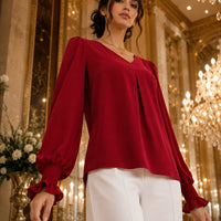 Fashion Simple Solid Color Pullover Shirt Women Loose V-neck Flared Sleeve Shirts Top Female Elegant Commuting Clothing