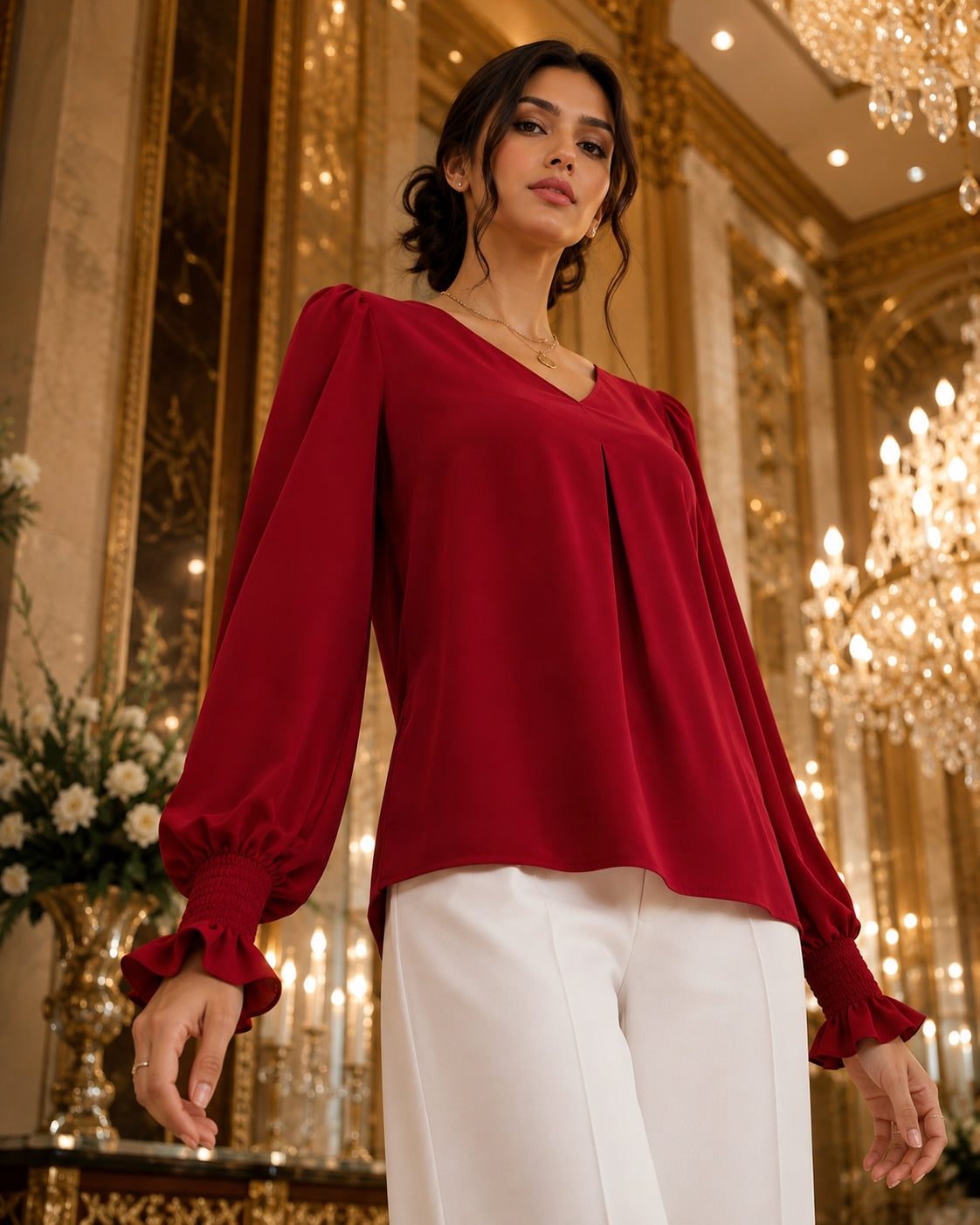Fashion Simple Solid Color Pullover Shirt Women Loose V-neck Flared Sleeve Shirts Top Female Elegant Commuting Clothing