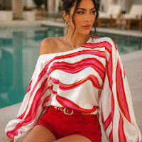 Elegant Printed Sleeve Shirt Independent Station Cross-Border Women's Long Sleeve One-Shoulder Loose Top Commute Style