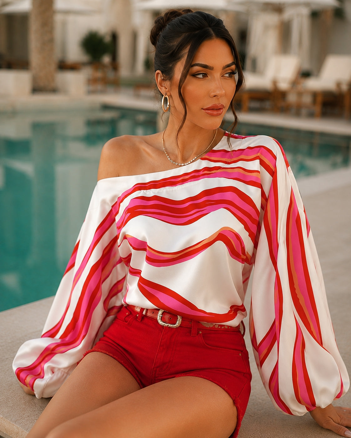 Elegant Printed Sleeve Shirt Independent Station Cross-Border Women's Long Sleeve One-Shoulder Loose Top Commute Style