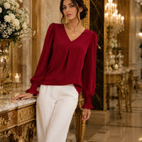 Fashion Simple Solid Color Pullover Shirt Women Loose V-neck Flared Sleeve Shirts Top Female Elegant Commuting Clothing