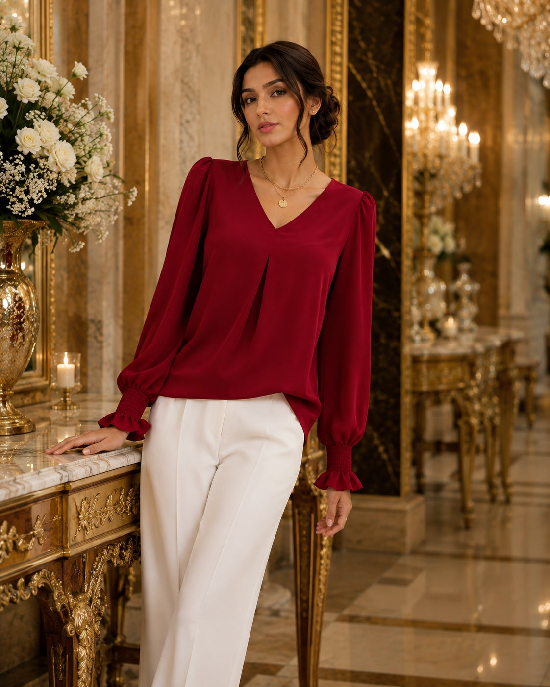 Fashion Simple Solid Color Pullover Shirt Women Loose V-neck Flared Sleeve Shirts Top Female Elegant Commuting Clothing