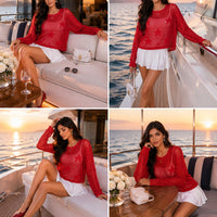Star Shaped Hollow out Knitted Long Sleeve Crew Neck Pullover Top for Women Comfortable Breathable Soft Material