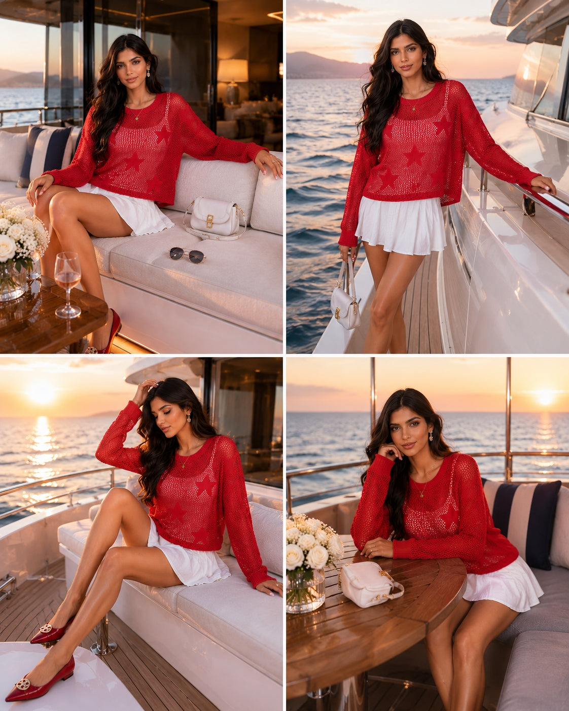 Star Shaped Hollow out Knitted Long Sleeve Crew Neck Pullover Top for Women Comfortable Breathable Soft Material