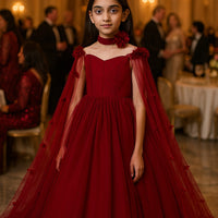 Girls' Off Shoulder Long Cape Dress, Solid Color Mesh Wedding Flower Girl Birthday Party Princess Dress for Young Girl