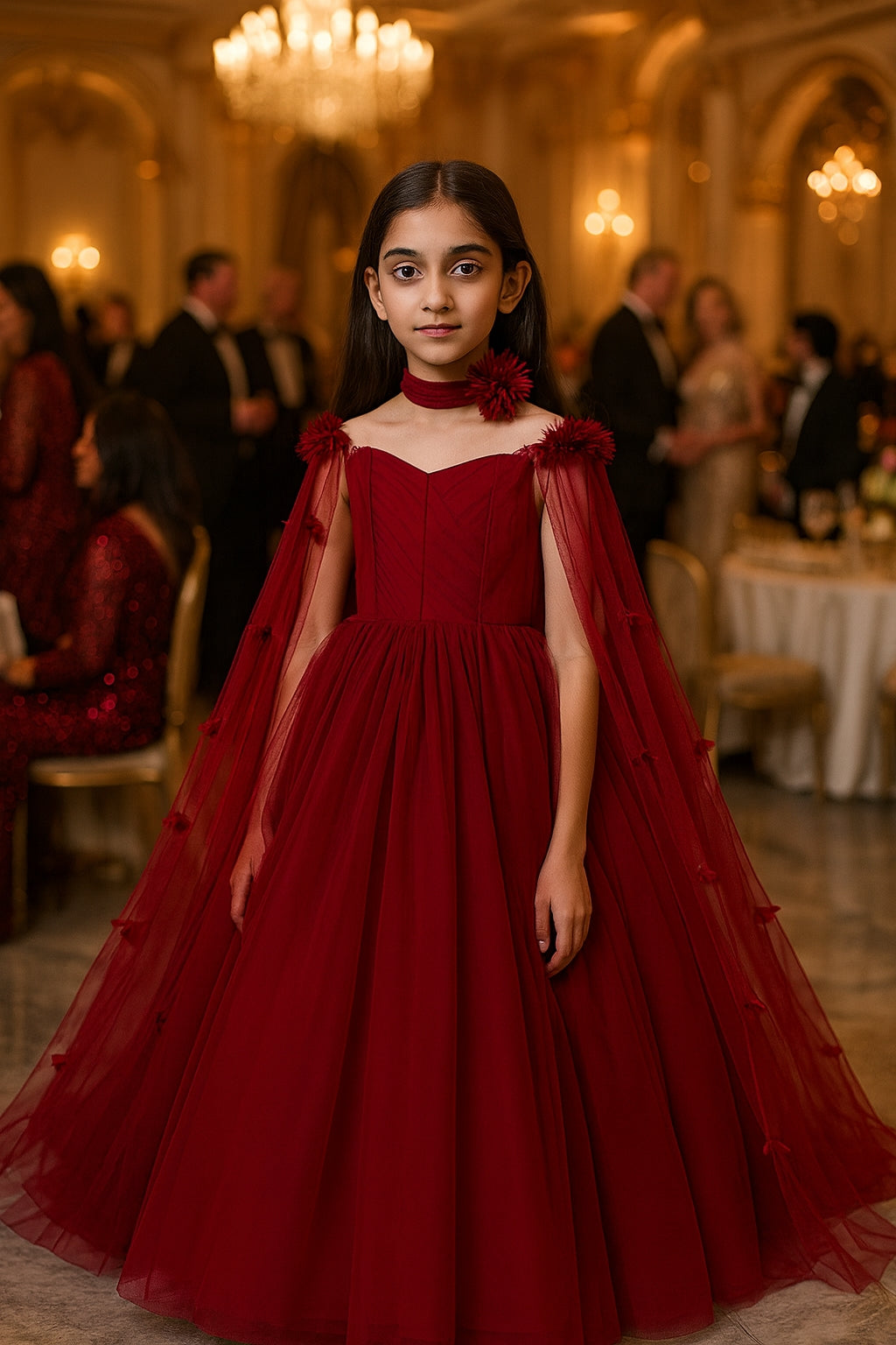 Girls' Off Shoulder Long Cape Dress, Solid Color Mesh Wedding Flower Girl Birthday Party Princess Dress for Young Girl