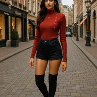 Half High Neck Sweater Women's New Style Pullover Knit Sweater with Button Up Long Sleeves Slim Fit Tight Fitting Bottom Shirt