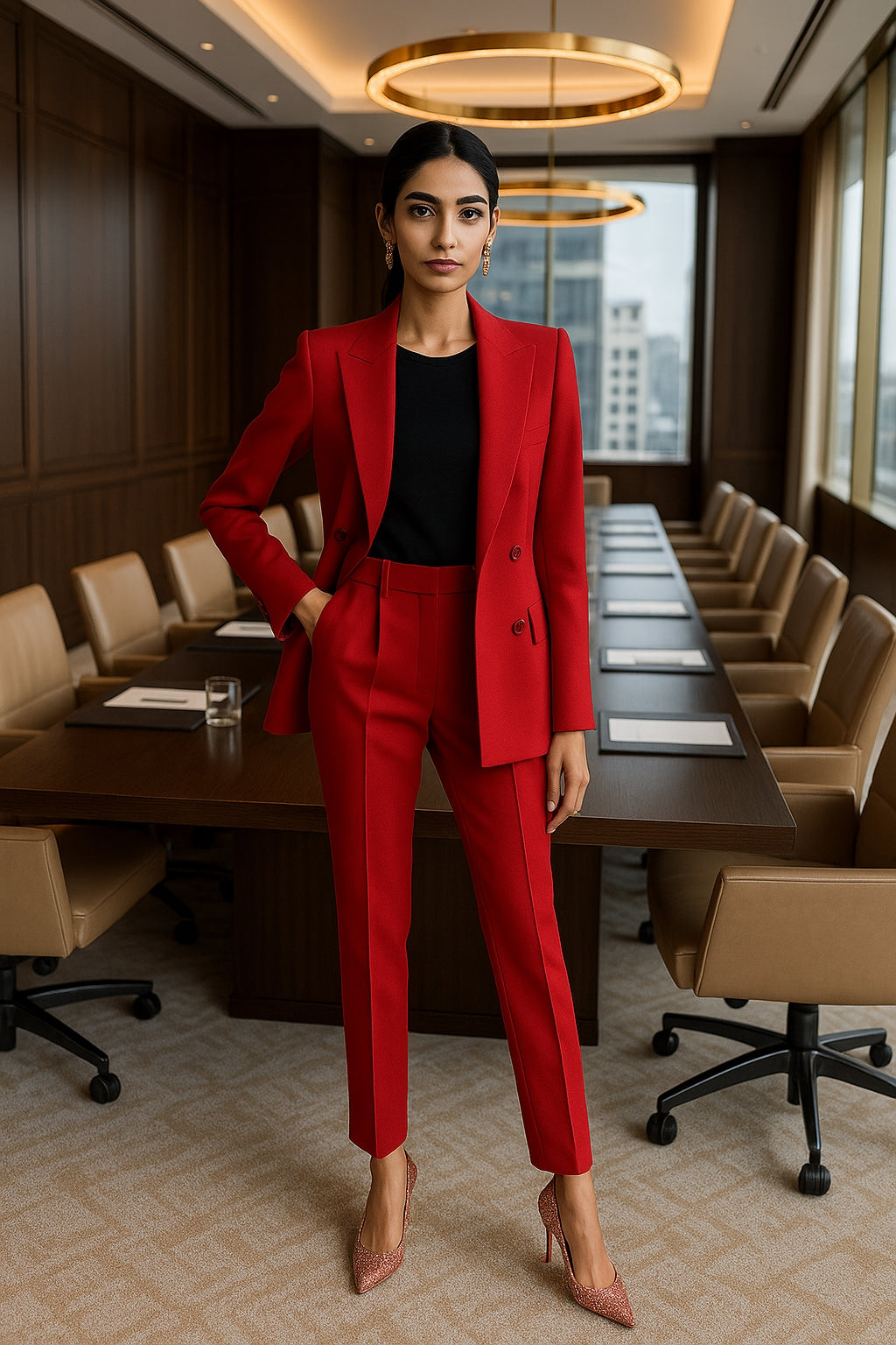 Women Fashion Solid Pant Suits, Office Lady Elegant V-Neck Long Sleeve Blazer Set, Pencil Pants Slim Ladies Outfit