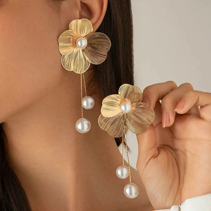 Romantic Flower Petal Long Tassel Drop Earrings for Women Trend Imitation Pearl Hanging Piercing Earrings Wed Jewelry Gift Natalia Home Fashion    Natalia Home Fashion