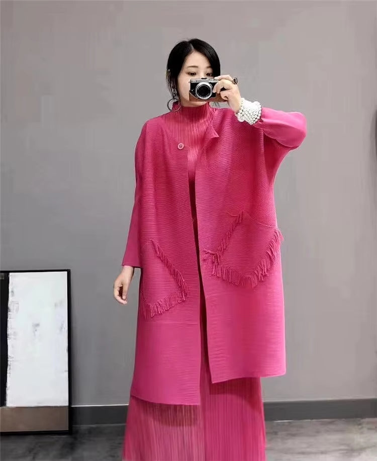 2026 miyake pleated fringe long coat  new over-the-knee pleated mid-length trench coat pressed  cardigan Natalia Home Fashion    Natalia Home Fashion
