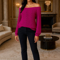 Casual Fashion Solid Color Hollow Out Sweater Off Shoulder Lantern Sleeve Knitted Pullover Women Clothes