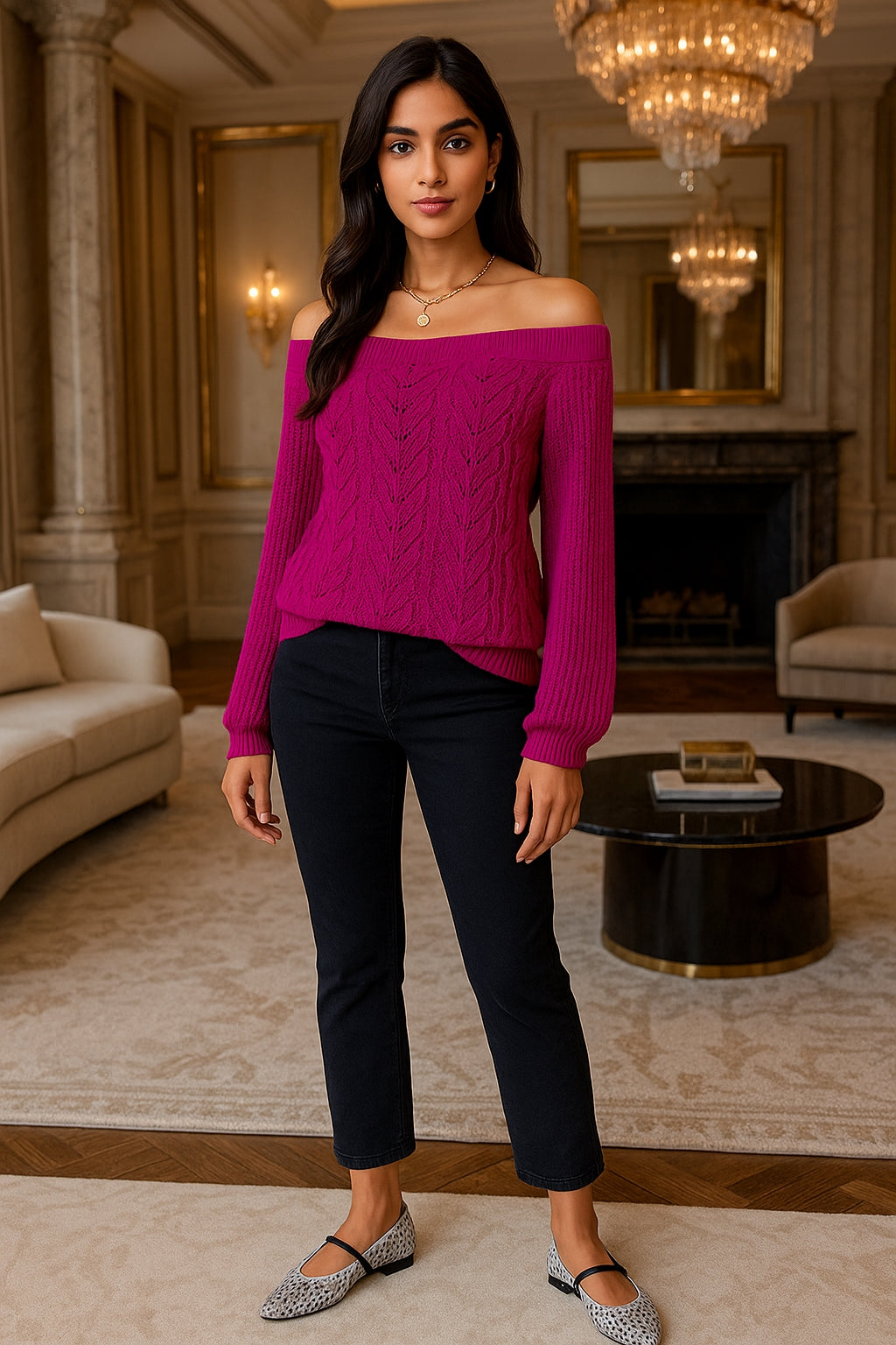 Casual Fashion Solid Color Hollow Out Sweater Off Shoulder Lantern Sleeve Knitted Pullover Women Clothes