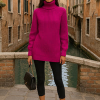 Turtlenecks Women Pullovers Mid-Long Casual Knit Sweater Fad Raglan Sleeves Side Slit Sweater New Skirt-style Jumper