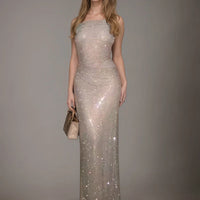 Fashion Water Diamond Slanted Shoulder Hollowed Out Sparkling Party Dress Women's Ankle-length Dresses