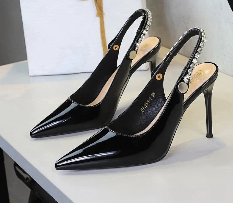 Fashion Women Pointed Toe Patent Leather High Heels Shallow Vamp Rhinestone Decorated Backless Strap Dress Shoes