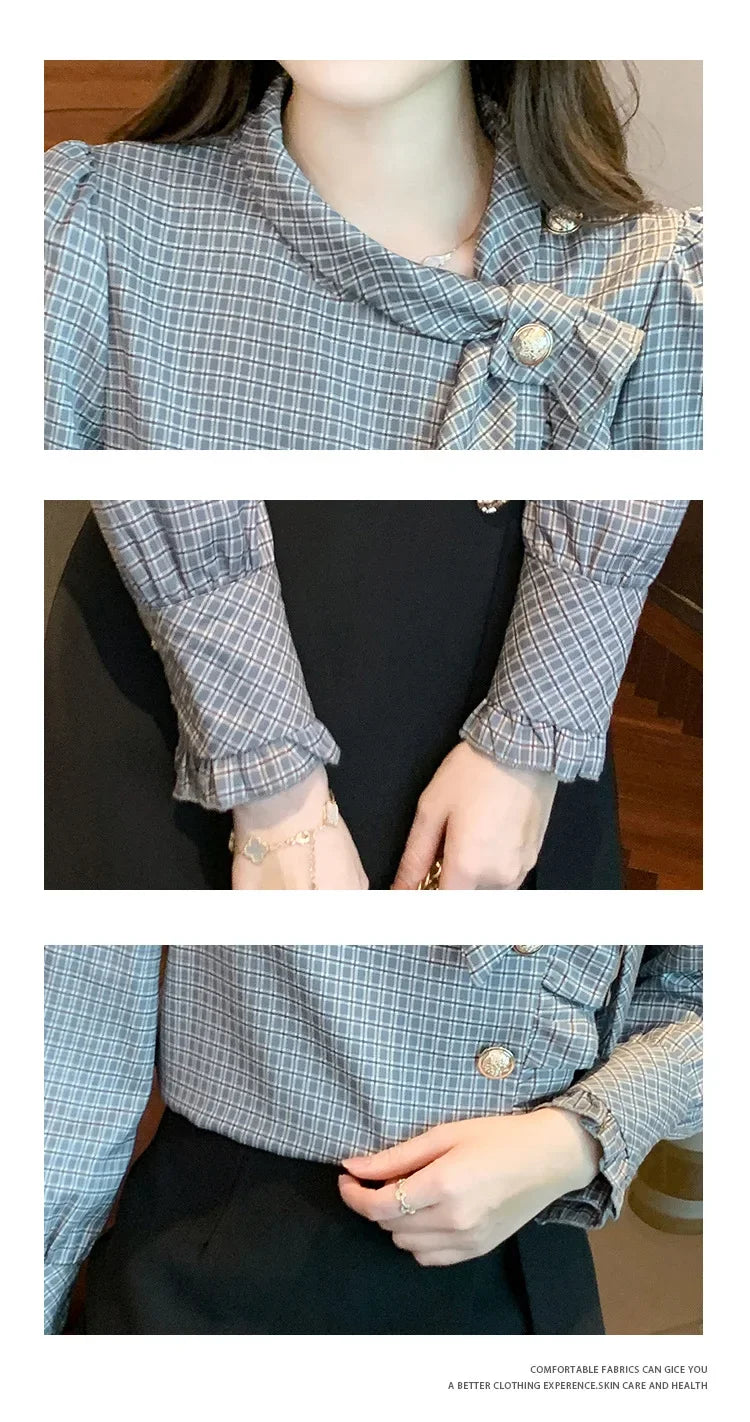 Elegant Plaid Long Sleeve Women's Shirt Vintage Design Simple Style Ageless Fashionable Top Quality Material