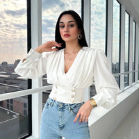 Women's Sexy V-neck Long Sleeved Short Waist Wrapped Bubble Sleeve Solid Shirt